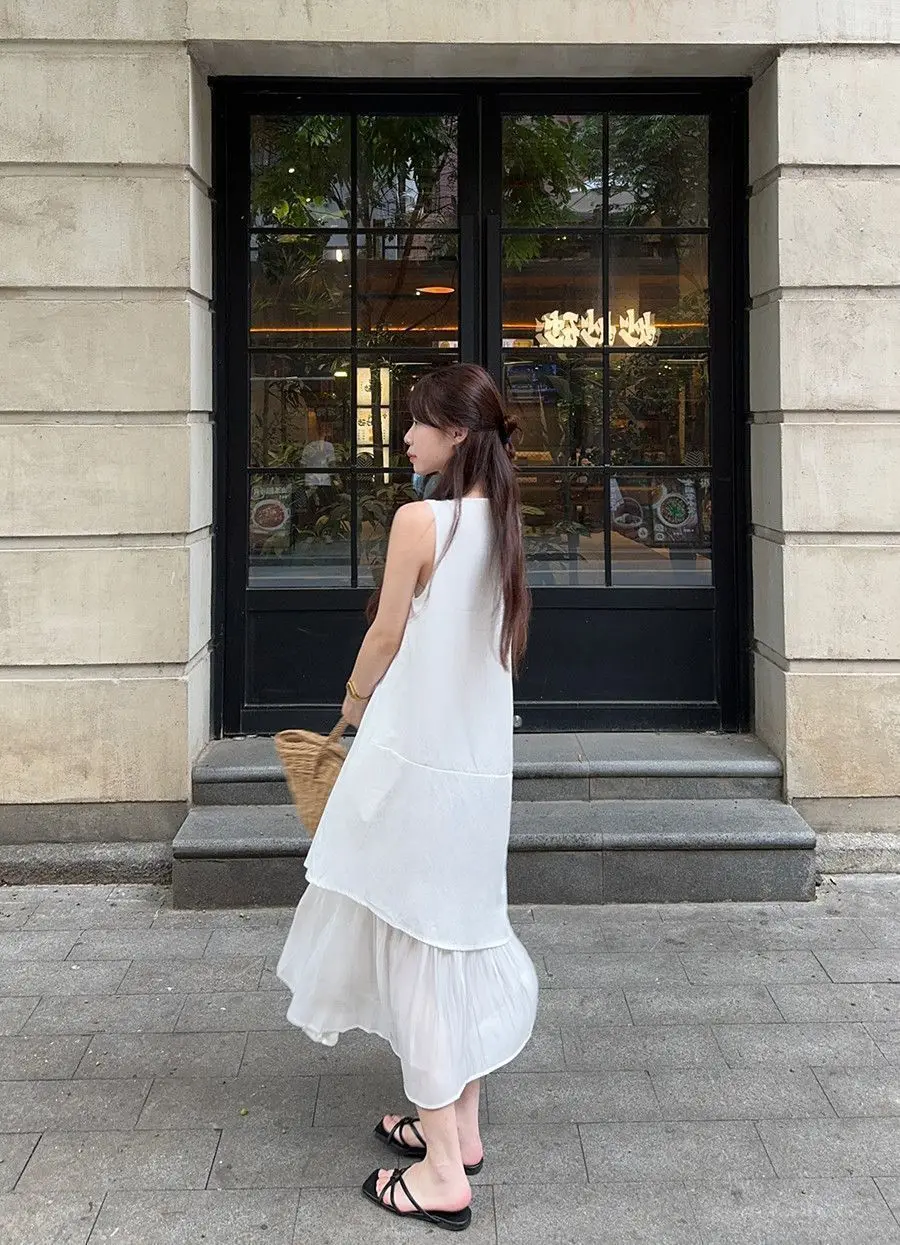 Damen Ärmelloses Weißes Midi-Kleid Locker Geschnittenes Mehrlagiges Rüschensaum-Kleid Lässiges Sommer-Strandkleid – Detail 14