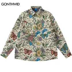 Vintage Shirt Coat Y2K Harajuku Retro Butterfly Floral Flowers Long Sleeve Shirts 2023 Men Fashion Loose Button Thick Shirts Top