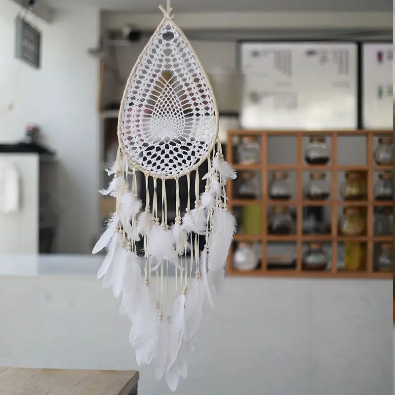 Teardrop Shape Crochet Dreamcatcher White Feather Macrame Wall Hanging Ornament Woven Wooden Bead Tassel Boho Home Decor Gift.
