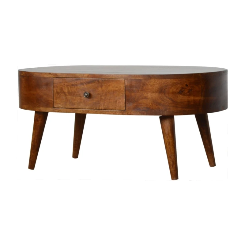 Chestnut Rounded Coffee Table, Nordic Legs, 2 Drawers, Brown
