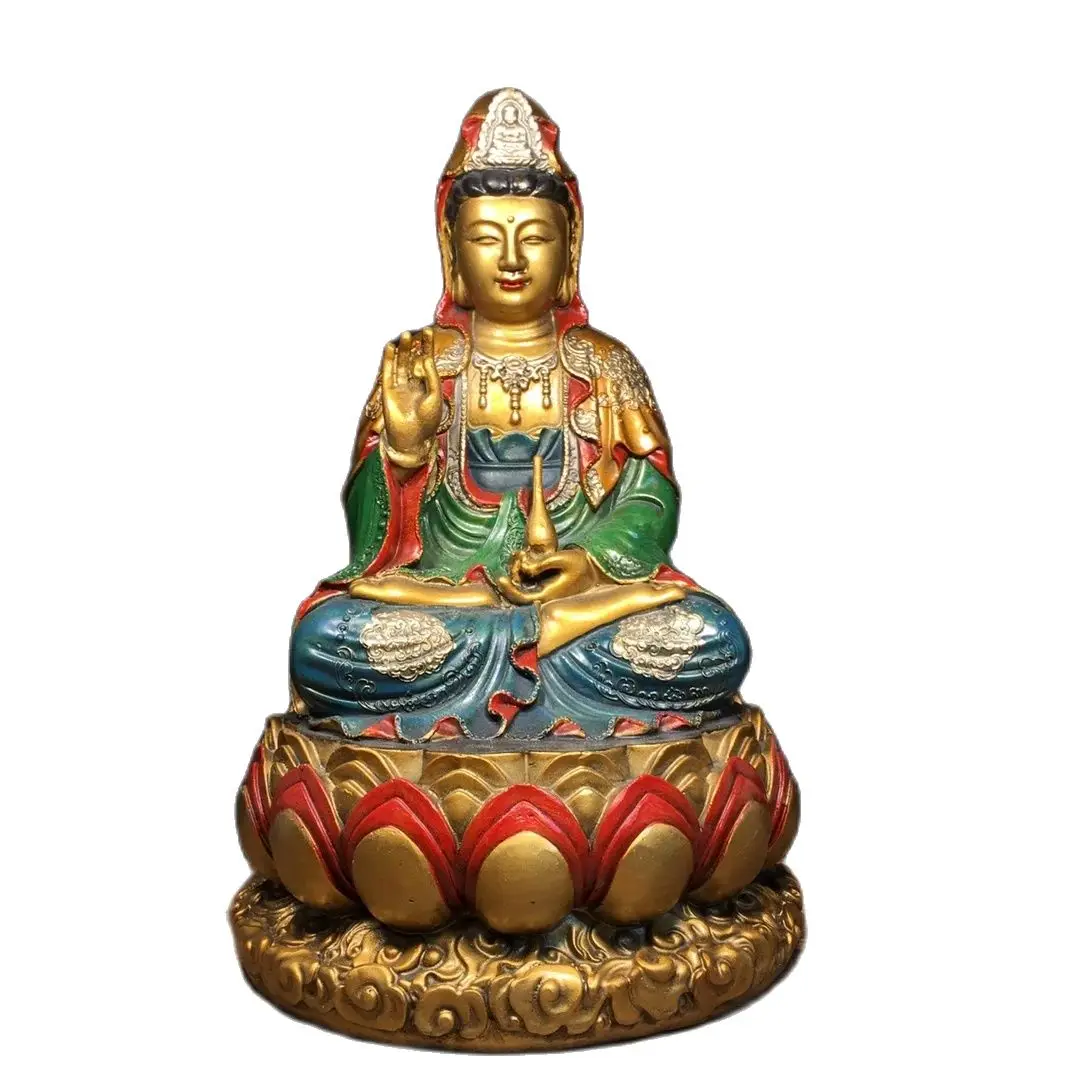 Buddha statue Pure copper painted Guanyin Bodhisattva Length 18.5cm, width 18.5cm, height 29.5cm, weight 3650g