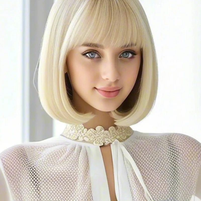 Luxurious 12” gold,color bangs synthetic wig with elegant, voluminous texture for everyday wear and special occasions.
