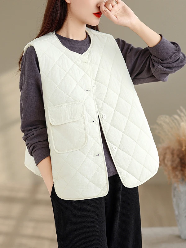 Dames casual lichtgewicht donskatoenen vest Svel jas verdikte polyestervezel ronde Ne enkele knoopsluiting
