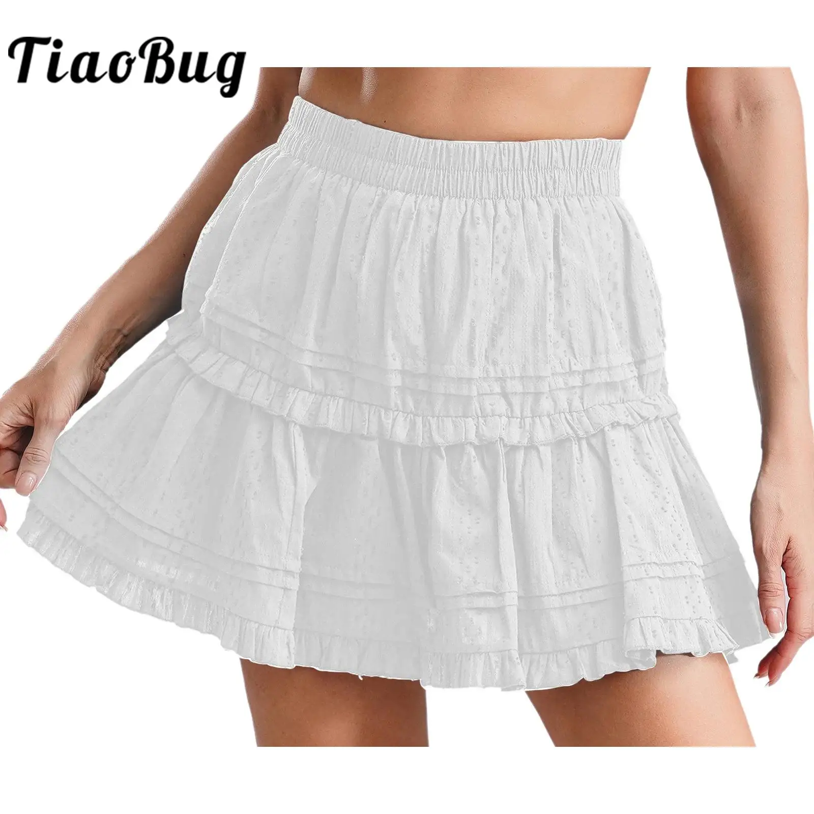 Womens Ruffled Tiered Miniskirt with Safety Shorts Petticoats Elastic Waistband Puff A-line Underskirt College Style Skirt