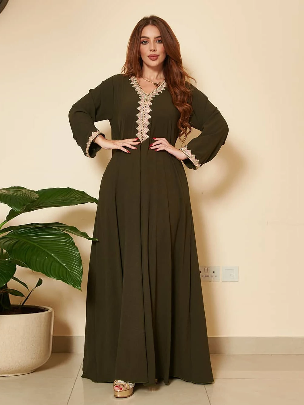 Abaya Muslim Woman Dress Elegant V-Neck Long Sleeve Maxi Party Wedding Gowns Vintage Islamic Loose Robe Kaftan One Piece Set