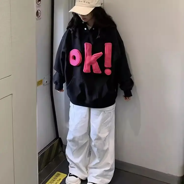 American Style Letter Print Loose Fit Cotton Polyester Blend Comfortable Casual Wear Couples Oversized Hoodie Sweatshirt