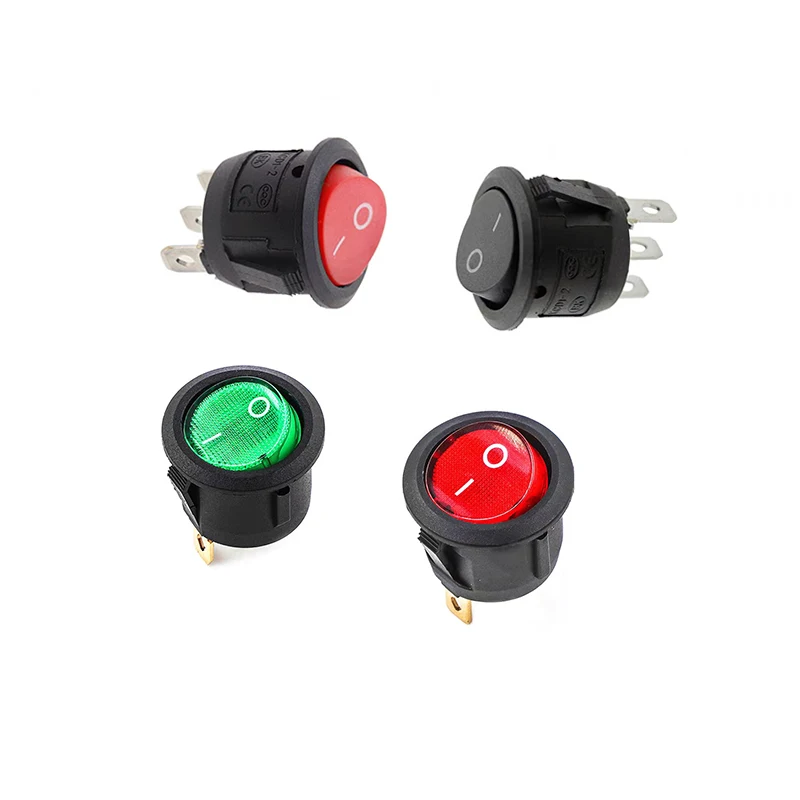 10Pcs/Lot KCD1 Round Boat Switch without Light Black Red and with Light Red Green  3 Pin 2 Gear 6A 250V 10A 125V 23MM Warping