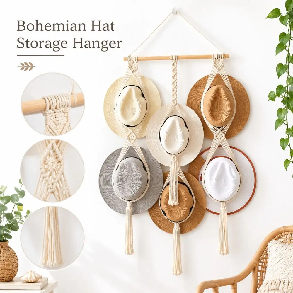 New Bohemian Hat Storage Hanger Wall Mounted Handmade Woven Hat Rack Wood Hat Holder Wall Decor