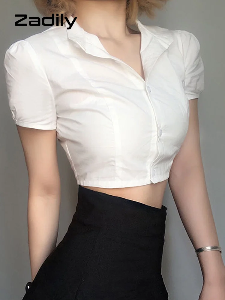 Zadily Sexy White Shirt Women Stand Neck Button Short Sleeve Slim Crop Blouse 2022 Summer New Party Y2k Female Clothing Tops