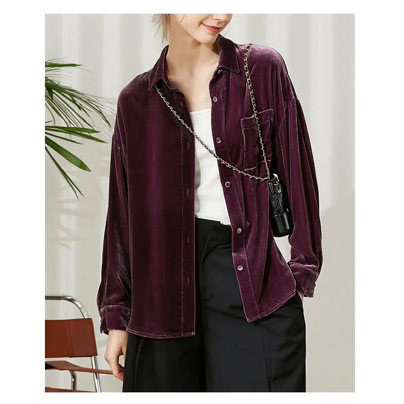 봄 여름 천연 실크 벨벳 여성 긴팔 셔츠 레트로 스타일 캐주얼 라이트 럭셔리 부드럽고 편안한 대형 사이즈