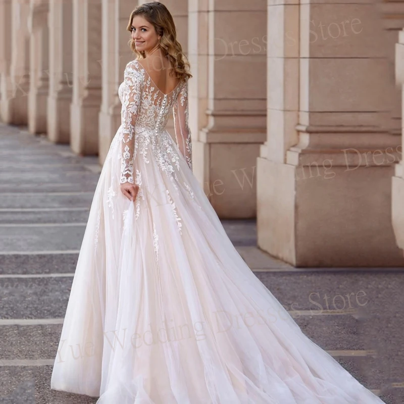 Vestidos De Novia modernos y elegantes con cuello en V, Apliques De encaje encantadores, Vestidos De Novia De manga larga, ilusión De botón, tul