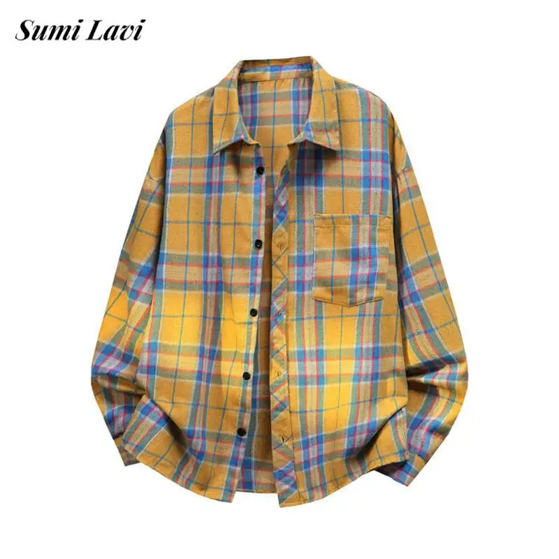 

Daily Casual Long Sleeve Shirts Mens Spring Autumn Vintage Turn-down Collar Shirt Oversized Tops Men Fashion Plaid Cardigan Tops