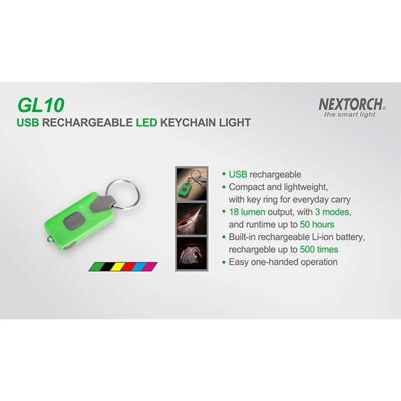 NEXTORCH 충전식 리튬 이온 배터리 캠핑 LED 미니 키 라이트, EDC 그린, 무게 13g, USB, GL10