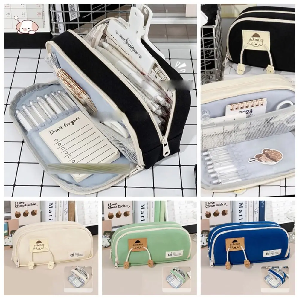 

Desktop Storage Canvas Stationery Bag Korean Style Large Capacity Multi Layer Pencil Bag Aesthetic Puppy Pencil Pouch School
