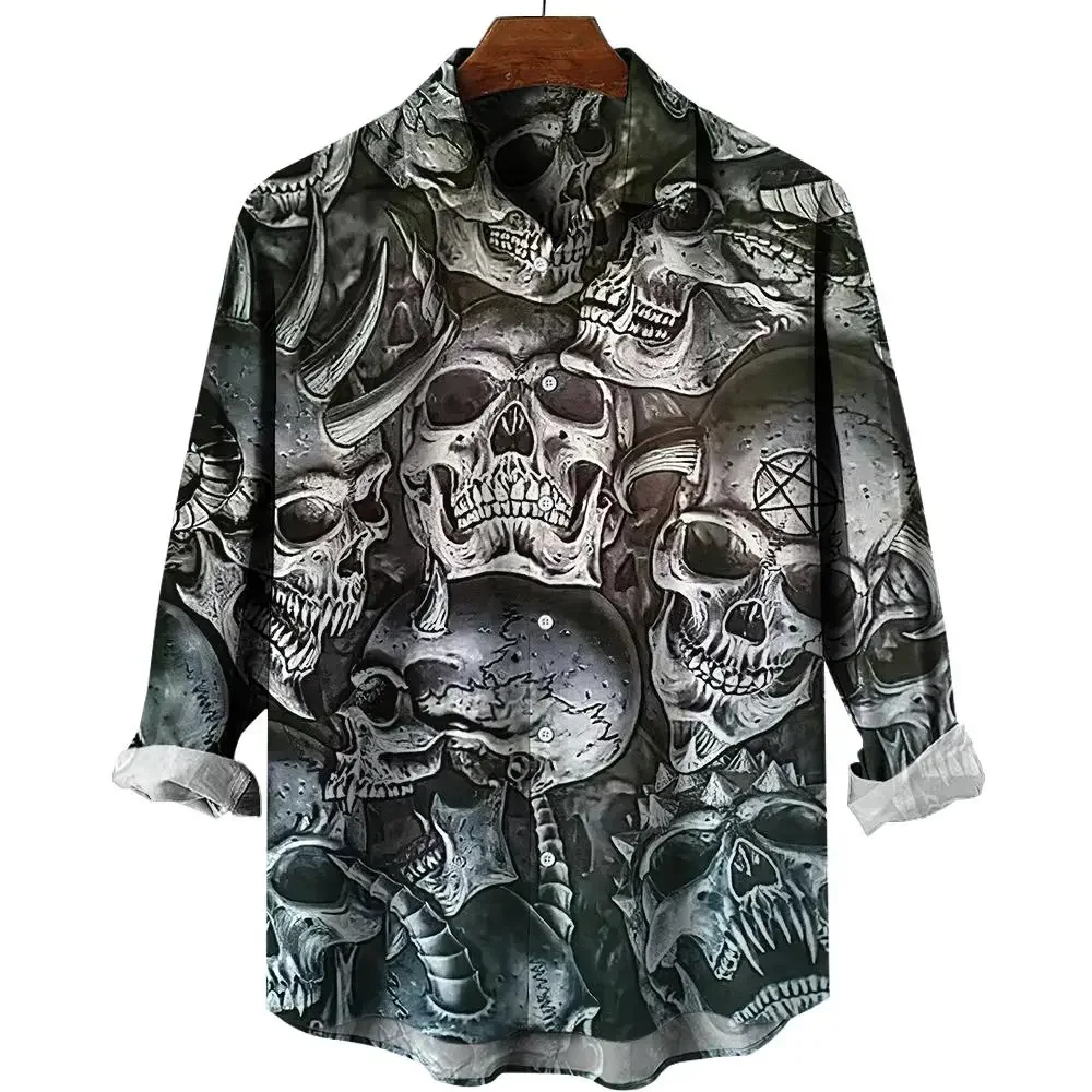 

Men's Dark Skull Long Sleeve Shirt 3D Printing Party Men's Shirt Hawaii Retro Street Casual Fashion Men's Button-up Shirt Top