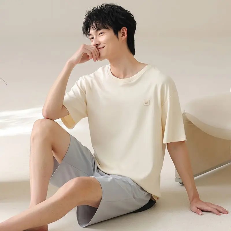2026 Summer Plus Size Short Sleeve 100% Cotton Pajama Sets for Men Korean Loose Sleepwear Pyjama Homme Homewear Male Clothes