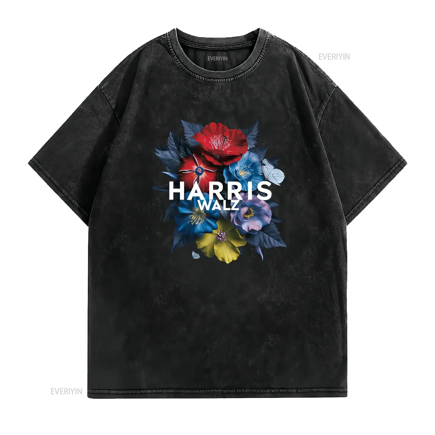 Harris Walz 2024 Floral Feminine Women T Shirt vintage Washed Slightly homme fashion Breathable Top For Everyday Wear