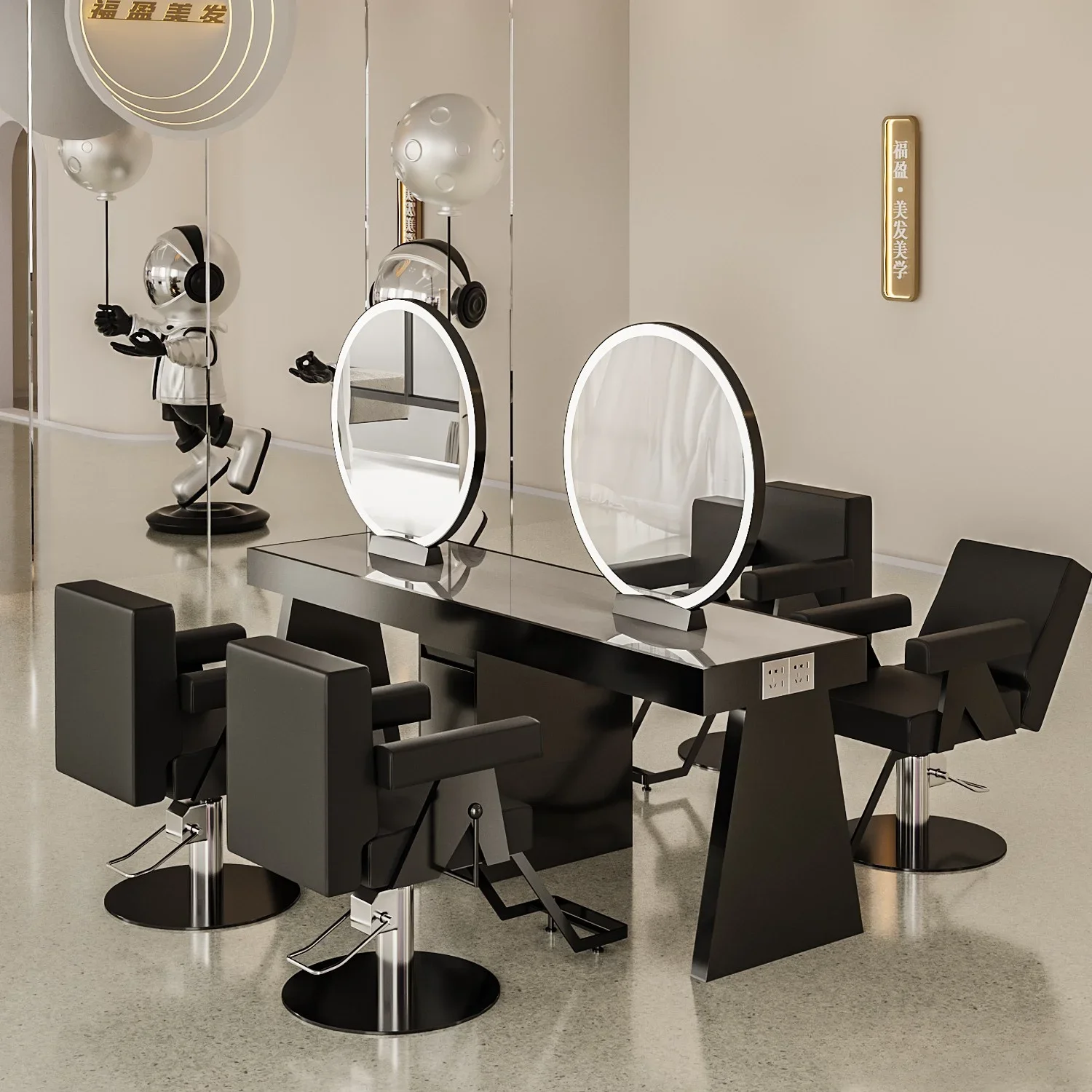 Special perm and dyeing area for hair cutting, mirror table and hair salon with light barber shop, mirror cabinet integrated