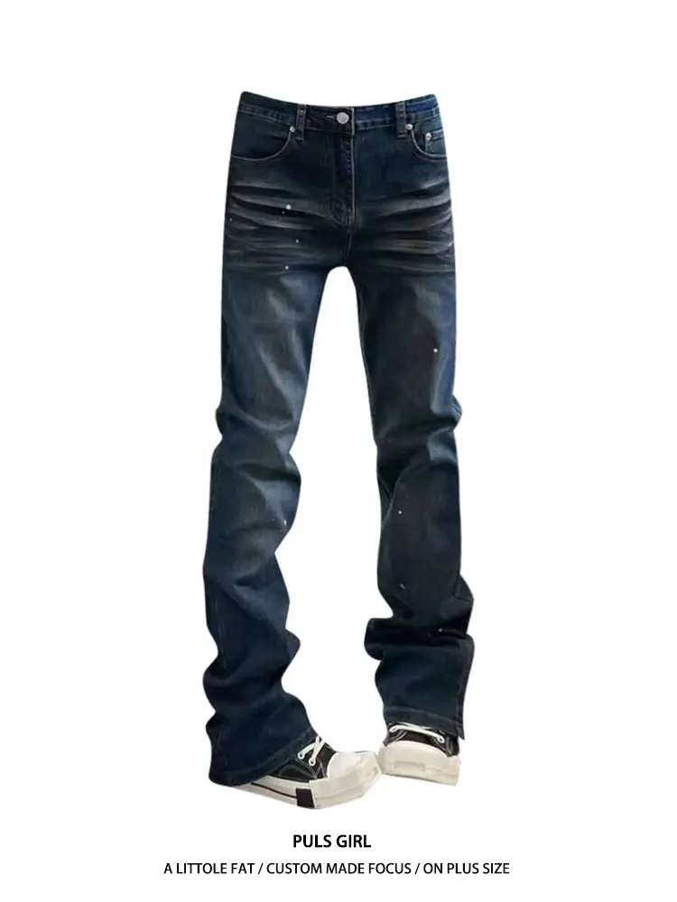 

Retro American Large Size Women's Jeans High Waist Slimming Long Pants Washed Ink Splatter Micro Flare Casual High Waist