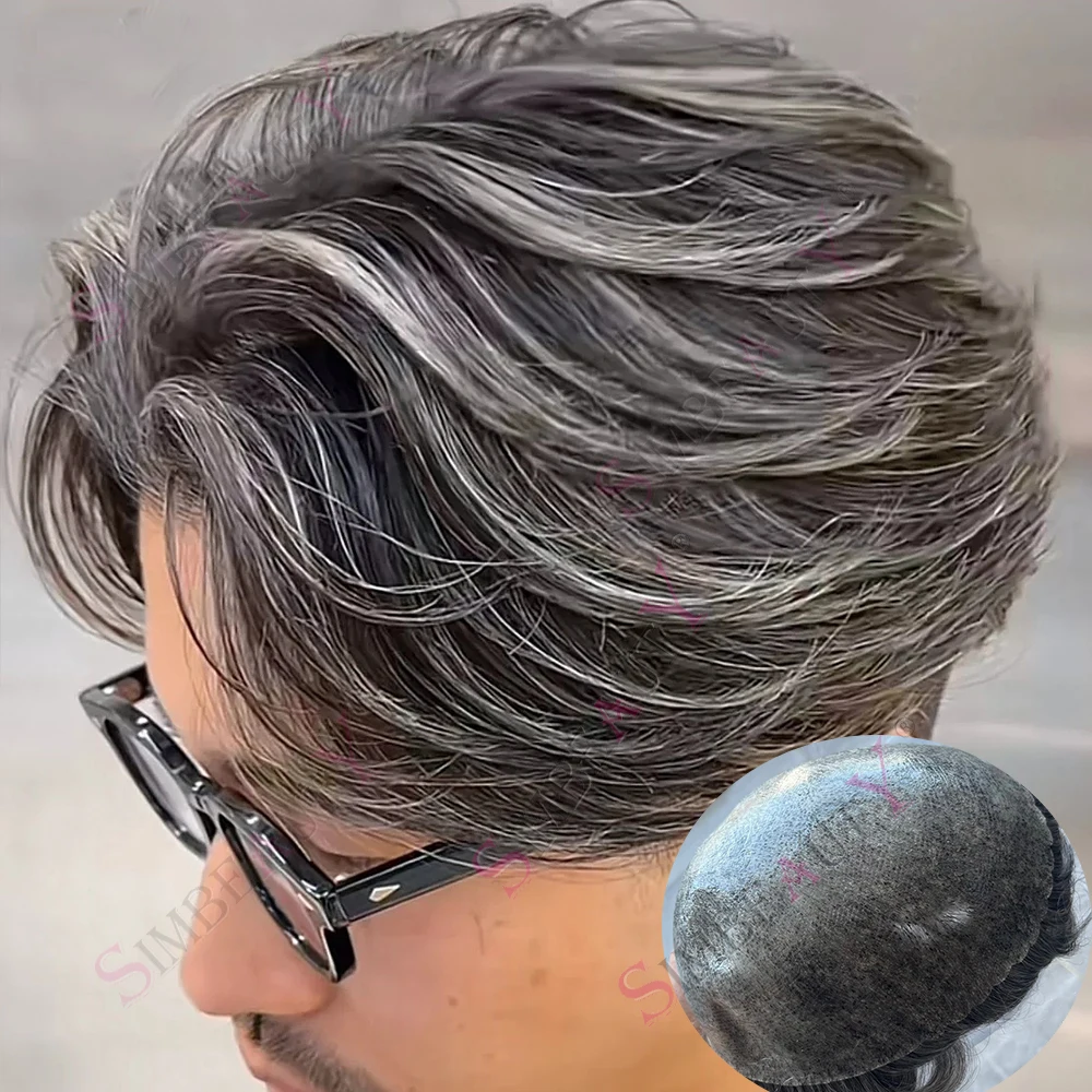 Men's Human Hair Toupee 1B80 1B65 Grey Super Durable 0.1mm Full PU Natural Hairline Micro Skin Male Brown Replacement Prosthesis
