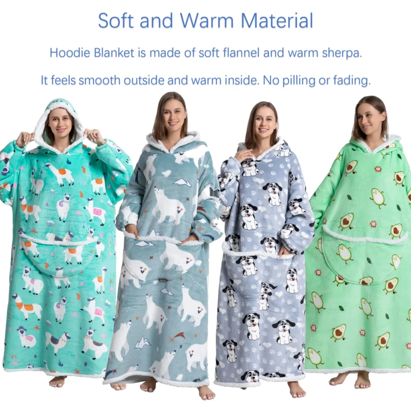 بطانية كبيرة الحجم يمكن ارتداؤها مريحة دافئة من الفلانيل شيربا كنزة بغطاء رأس من الصوف للبالغين سترة ناعمة للهدايا مقاس واحد يناسب الجميع