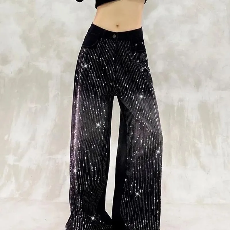 Autumn Winter Female Casual Gradient Denim Pantalons Women Wide-leg Cowboy Trousers American Ladies High Waist Starry Sky Jeans