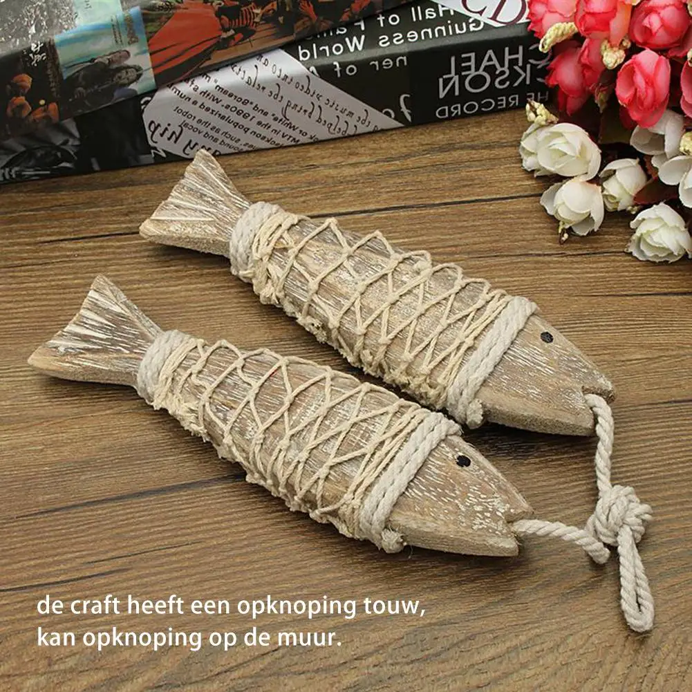 Fisch Boho Deko 2-teilige Antike Holzfisch-Skulptur mit Fischernetz Ästhetische Kunstdekoration für Zuhause Boote Balkon Kneipe
