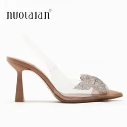 Transparent High Heels For Women 2024 Summer Pointed Toe Heeled Sandals Fashion Bow Slingbacks Pumps Ladies Stiletto Shoes