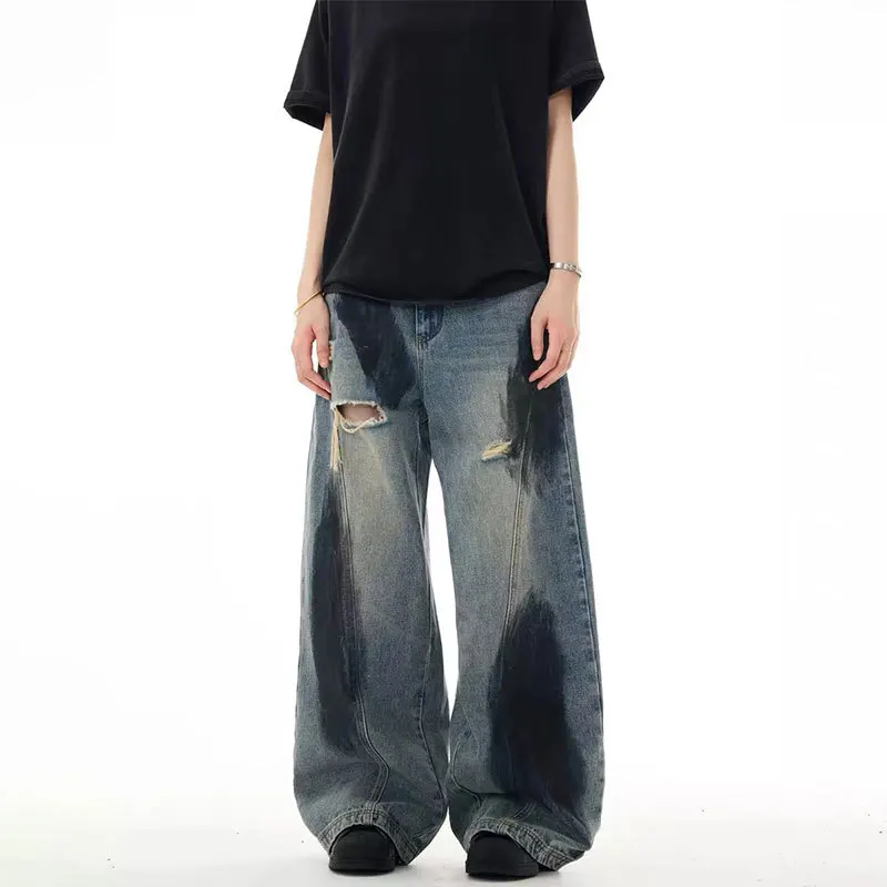 European and American Fashion Splash-ink Ripped Jeans, Women's Spring and Summer Loose Wide-leg Pants, Casual Floor-length Jeans