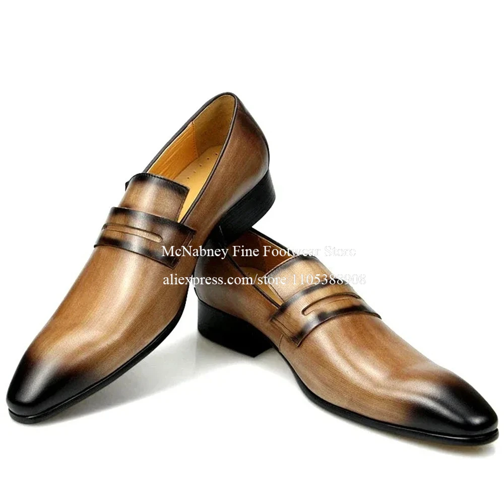 

Gradient Brown Handmade Leather Loafers Men Slip on Square Toe Formal Shoes Business Office Wedding Party Dress Shoes Plus Size