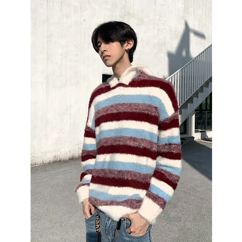 Autumn Winter American Retro Style Men's Blue and White Striped Hooded Sweater Red and White Color Block Casual Knitwear