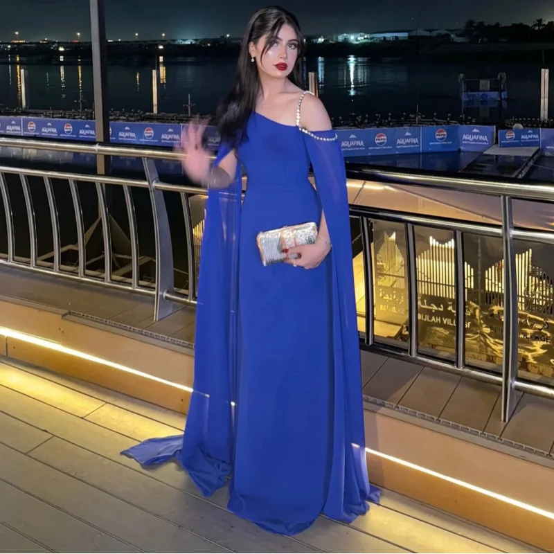 Indie Saudi customized Blue Prom Gown Women Long Sleeve Beaded Party Evening Dress Chiffon Floor Length Special Occasion Dresses