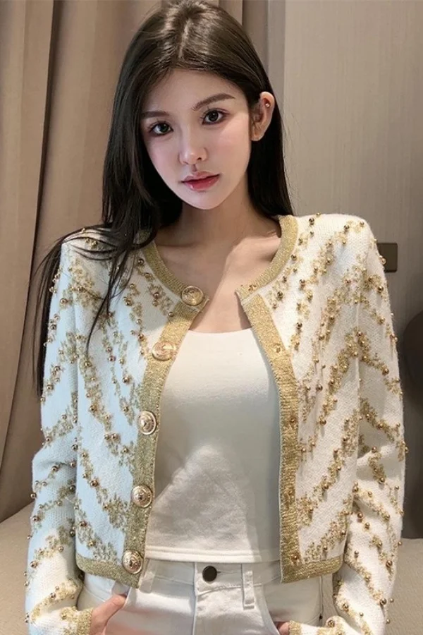 

​​Petite Beaded Tweed Crop Jacket Women's Fall Elegant Long Sleeve Boucle Blazer Premium Texture Short Casual Outerwear​​