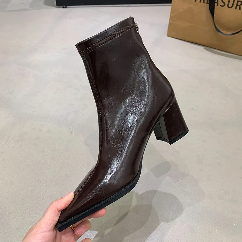 

2025 New Brand White Women Ankle Boots Fashion Pointed Toe Square High Heel Short Boots Back Zipper Dress Chelsea Boots Shoe