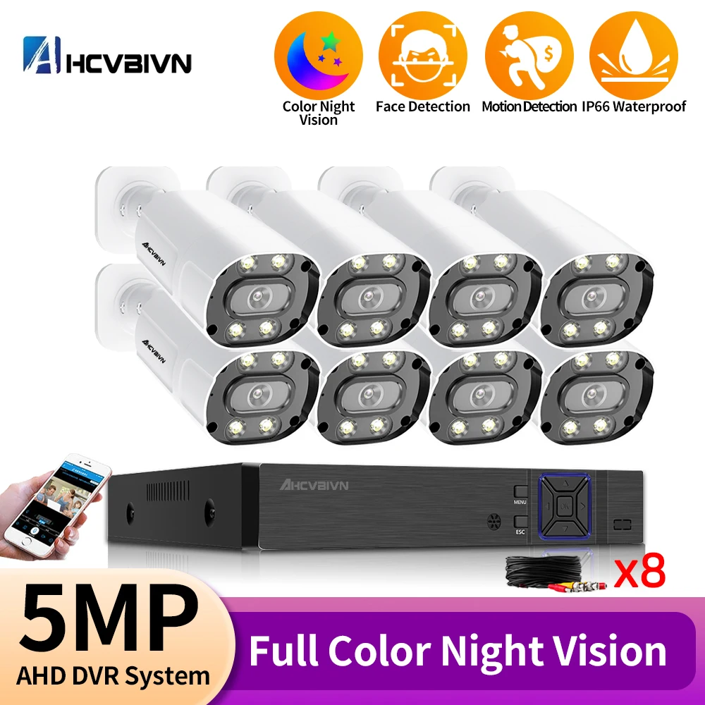 8 Channel Analog Digital DVR Surveillance System 5MP Outdoor Waterproof Color Night Vision CCTV Security AHD Camera System Set