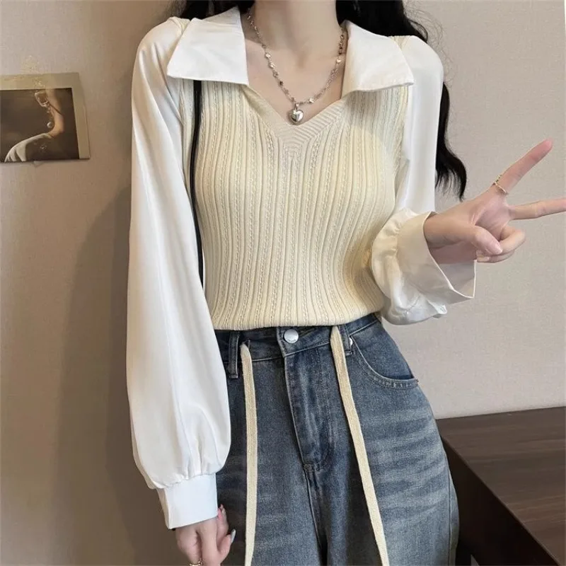Sweet Women Girls Korean Blouses Knit Patchwork V-neck Fake Two Pieces POLO Shirts Office Lady Spring Casual Long Sleeve Tops