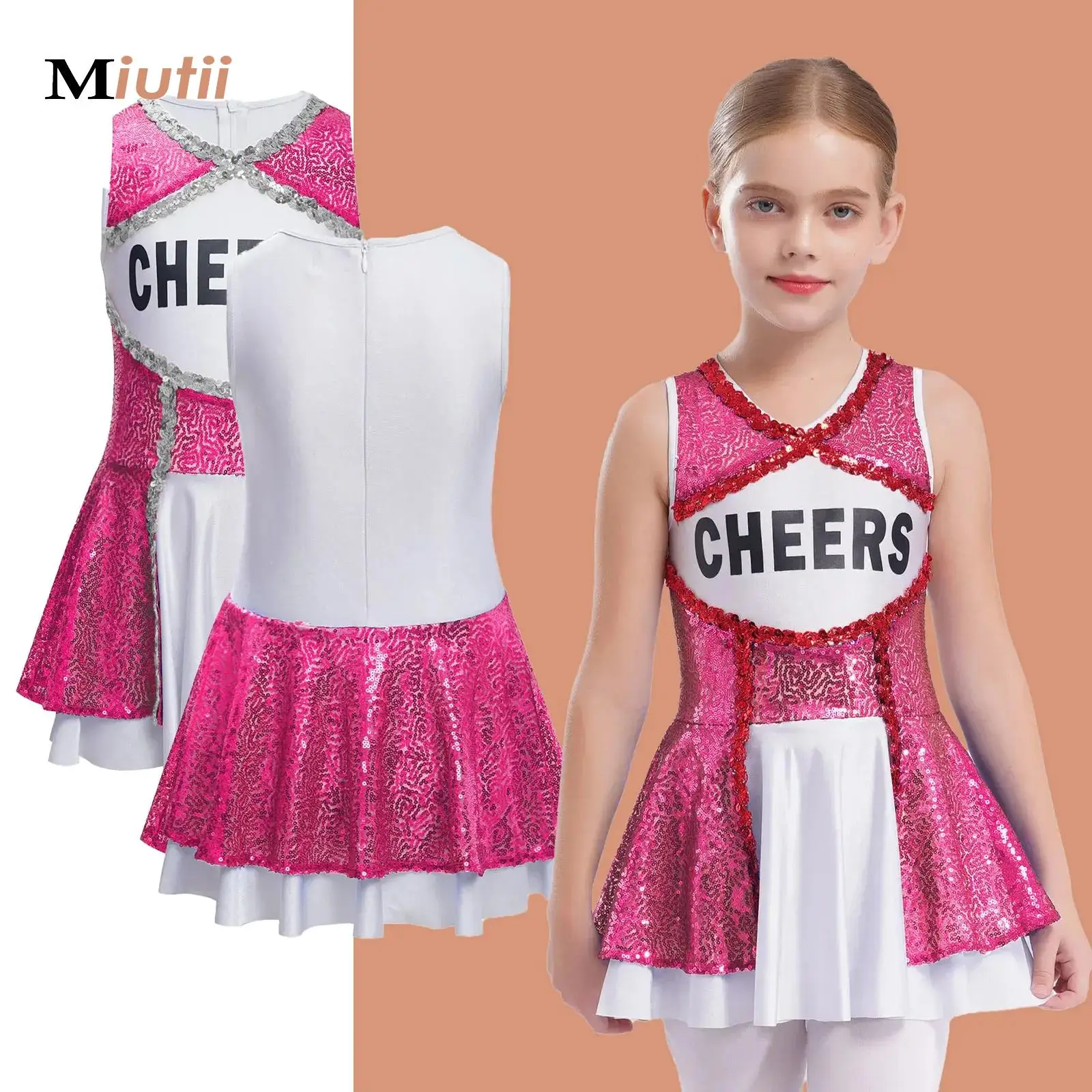 

Big Girls Halloween Carnival Cheerleader Costume Musical Cheerleading Uniform School Girls Sequins Sleeveless Pleated Dress