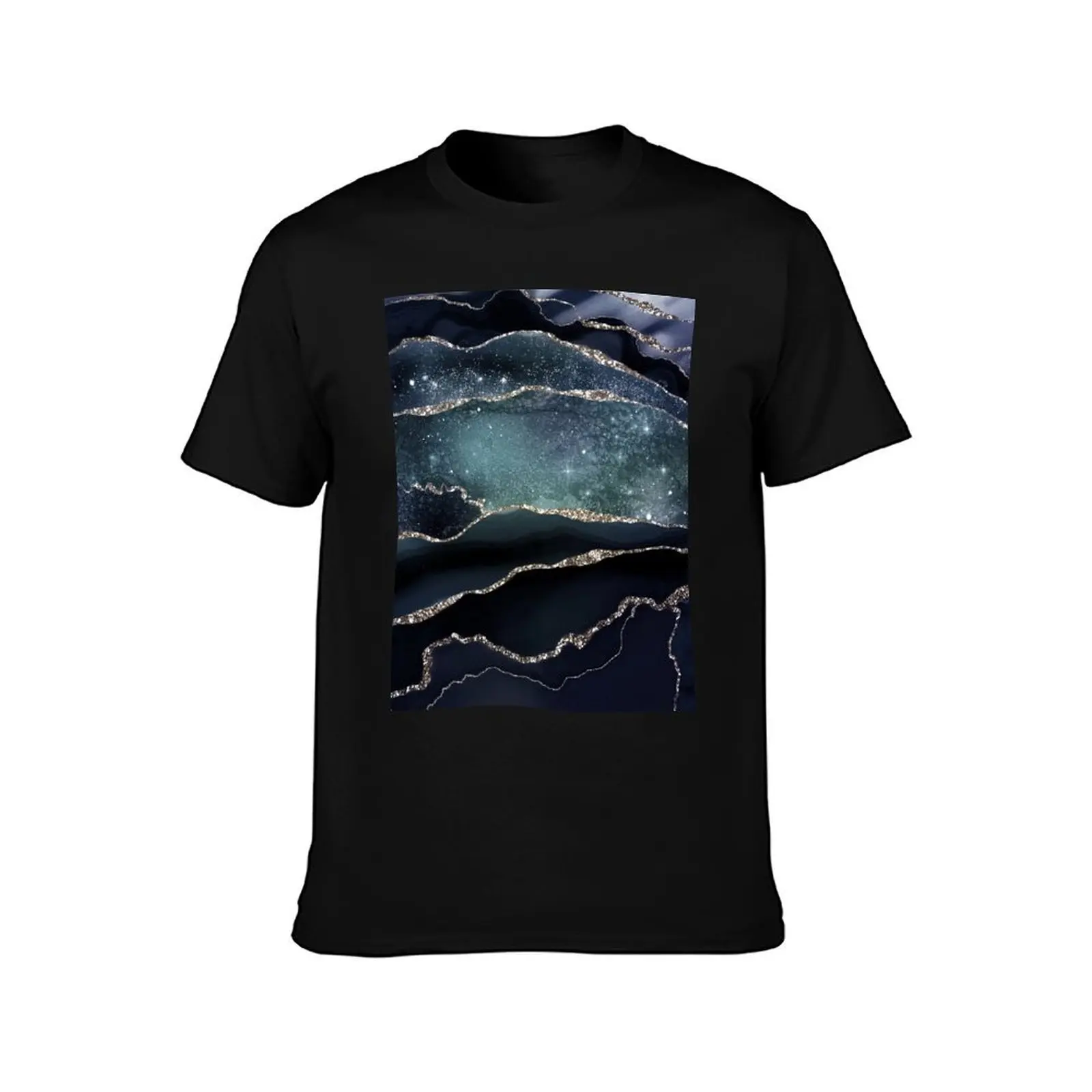 Glamour Night Black Milky Way Faux Marble Galaxy T-Shirt Fashion Casual Short Sleeve T-Shirt