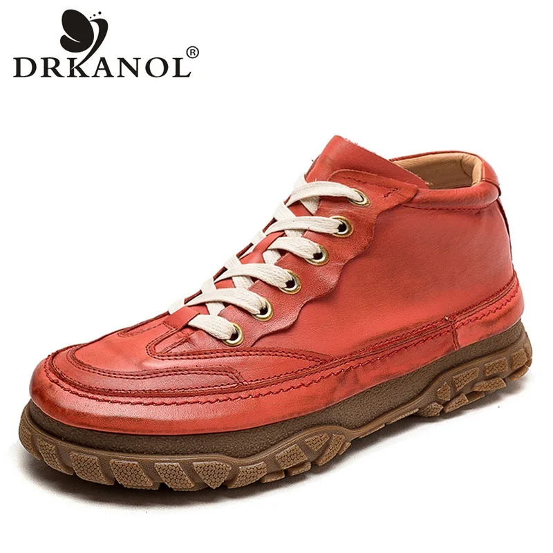 DRKANOL 2024 Women Flat Shoes Genuine Cow Leather College Style Thick Bottom Lace-Up Casual Shoes Women High Top Sneakers H2366J