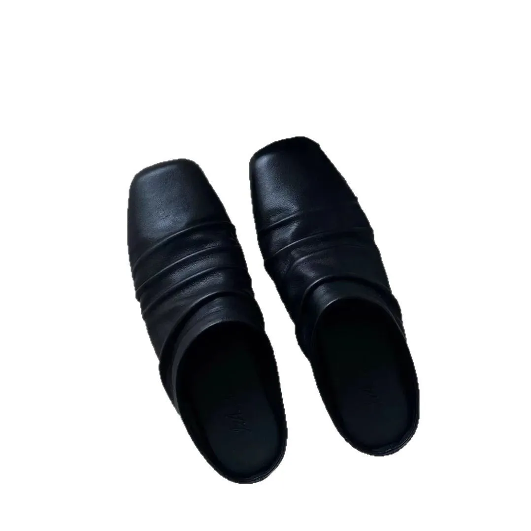 جلد طبيعي التجاعيد تو تو نصف النعال للنساء 2025 الربيع والصيف ساحة تو البغال المسطحة أحذية من الجلد الصغيرة