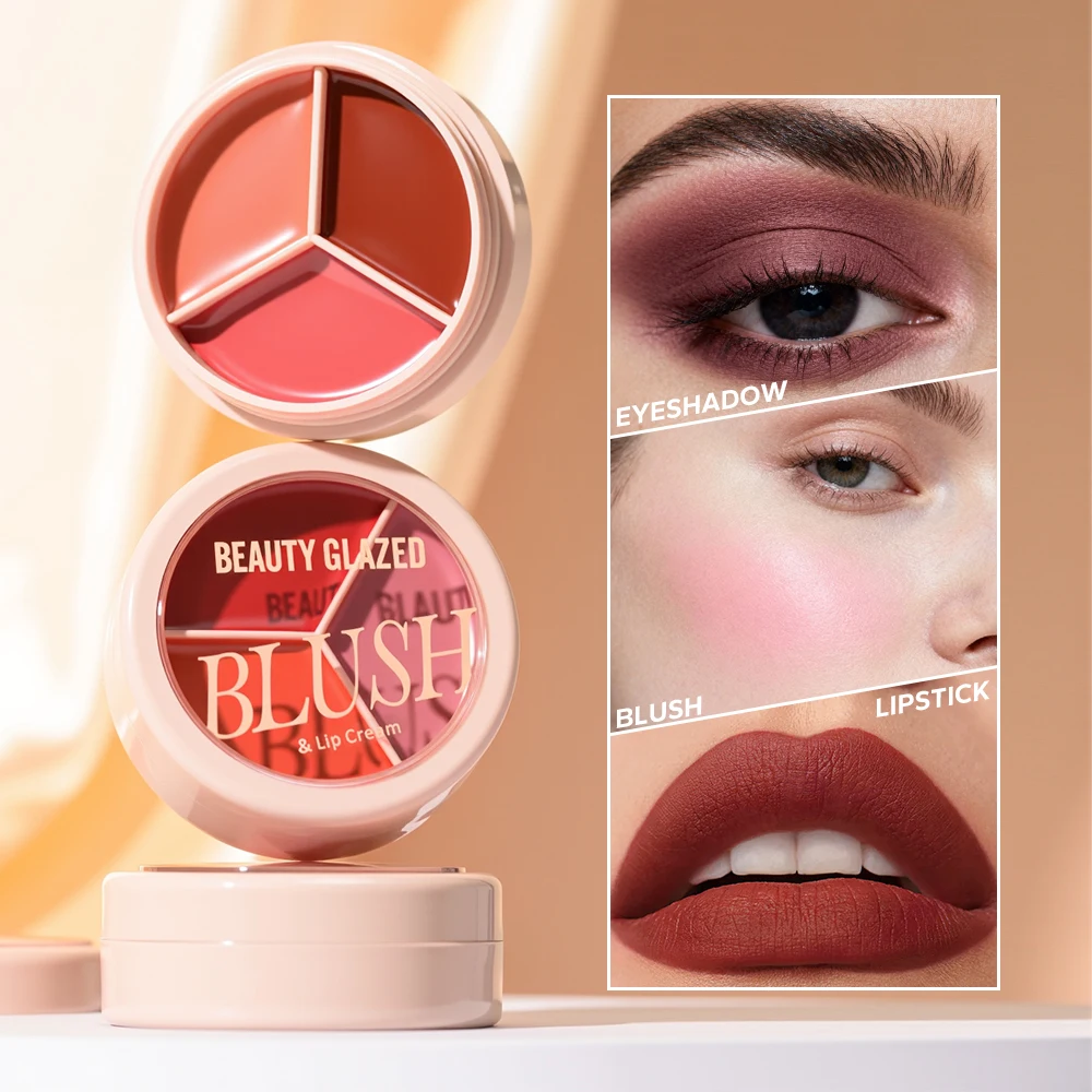 3-color blush palette-cream 2-in-1 multifunctional facial lip makeup, berry, pink, red waterproof