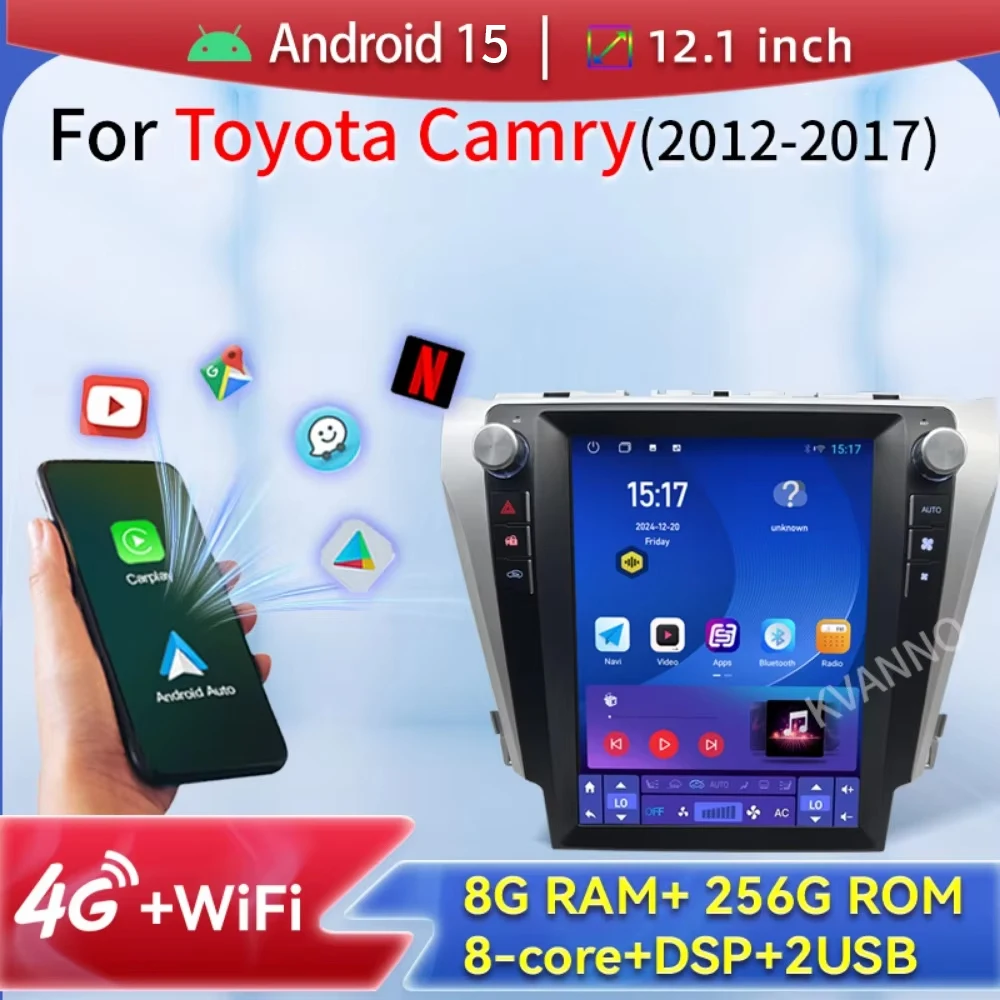 2Din 12.1 polegadas 256G para Toyota Camry 2012-2017 Car Audio Player Buetooth Carplay Android 15 Tesla estilo ecrã de exibição WiFi GPS
