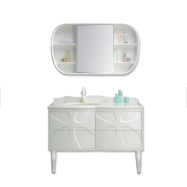 White wall mounted PVC bathroom cabinet with ceramic basin and mirror pvc bathroom cabinet led mirror cabinet