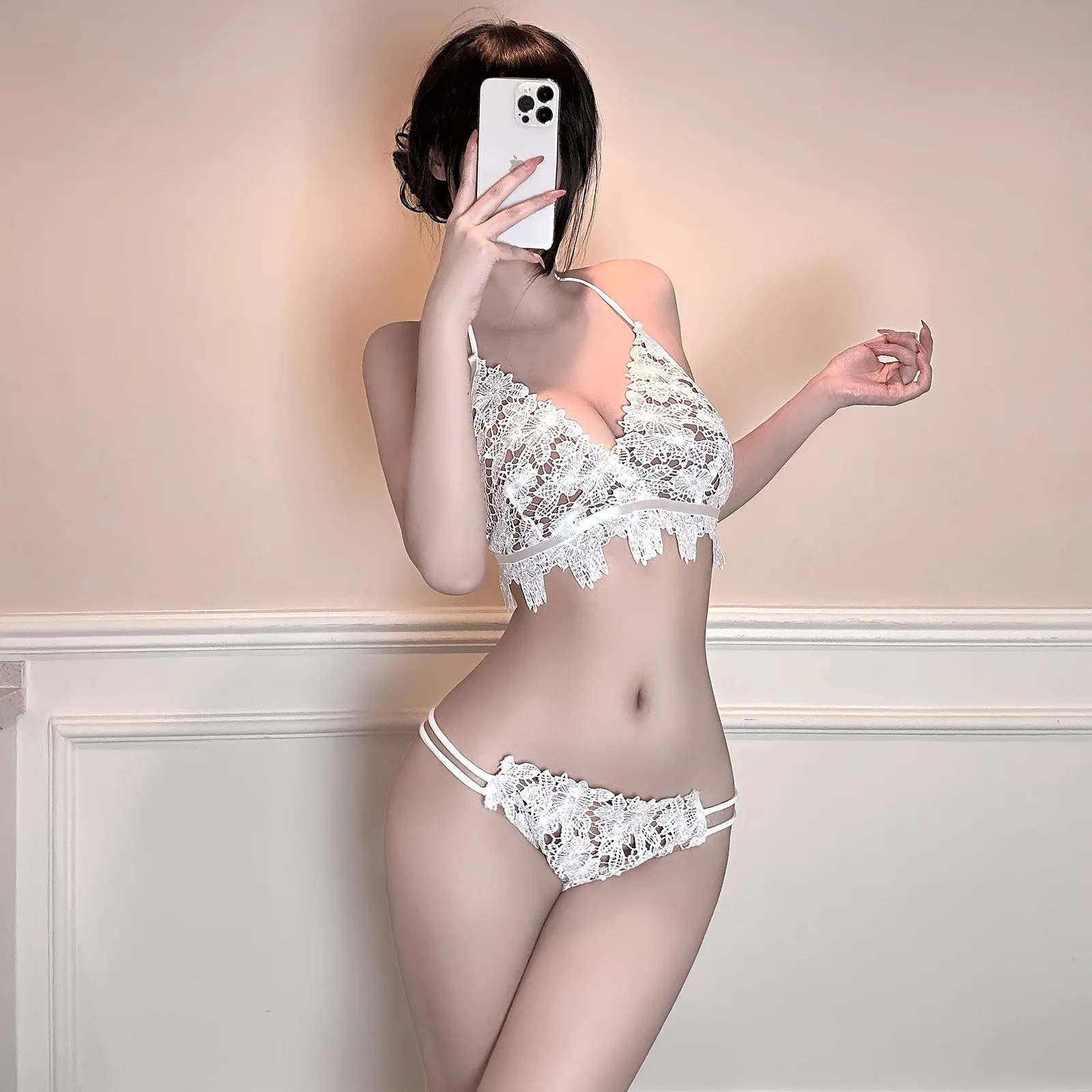 

Hot Spring Swimsuit For Adult Female New Women's Lace Bikini Bandage Hollowed Out Seduction Backless Three-point Sexy Lingerie
