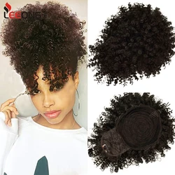 Leeons New Synthetic Afro Kinky Curly Hair Bangs Puff Hair Bun Drawstring Ponytails Clip On Hair Extension Updo Pineapple Fringe