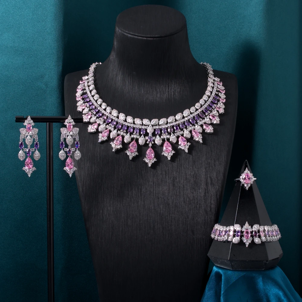 New Accessories Colorful Cubic Zircon Jewelry Sets for Women Luxury Dubai CZ Bridal Wed Jewellery Necklace Set