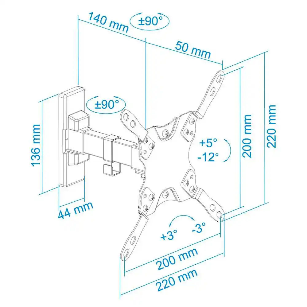 TooQ LP2042TNL-B Tilt and Swivel Wall Mount for Monitor TV LED from 13 to 42 Inches Angle Adjustable to -12º Black