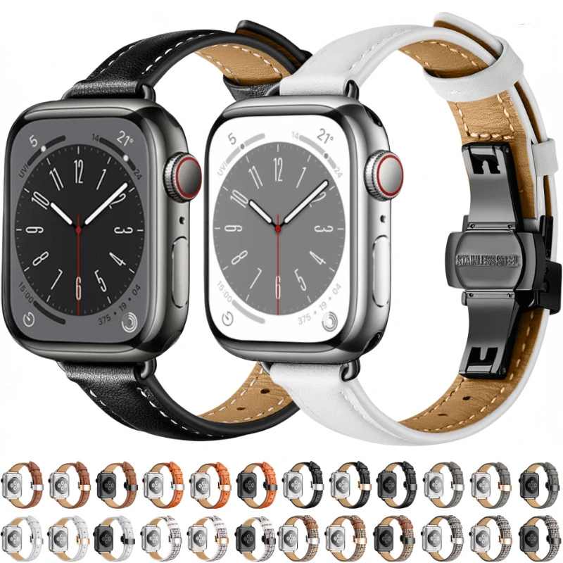 

Кожаный ремешок для Apple watch Ultra 49 мм 8 7 45 мм 41 мм, женский тонкий браслет для iWatch Series 6 5 4 3 2 SE 44 мм 40 мм 42 мм