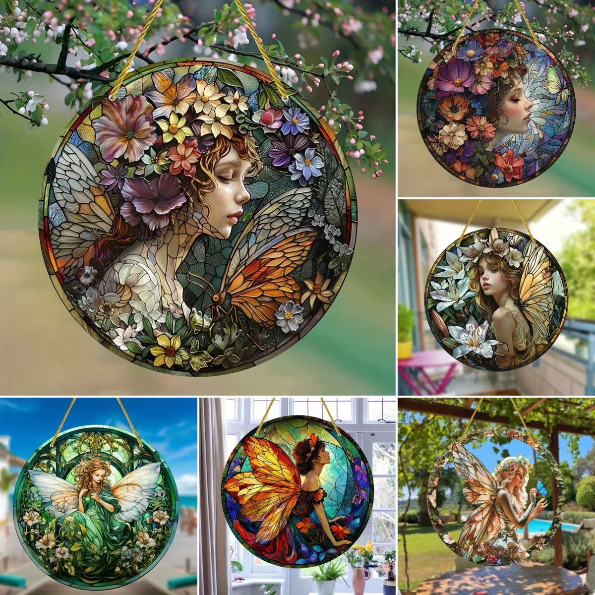 Elf Fairy Angel Colorful Flower Suncatcher Stained Window Hanging Round Acrylic Pendant for Home Garden Yard Wall Ornament Decor