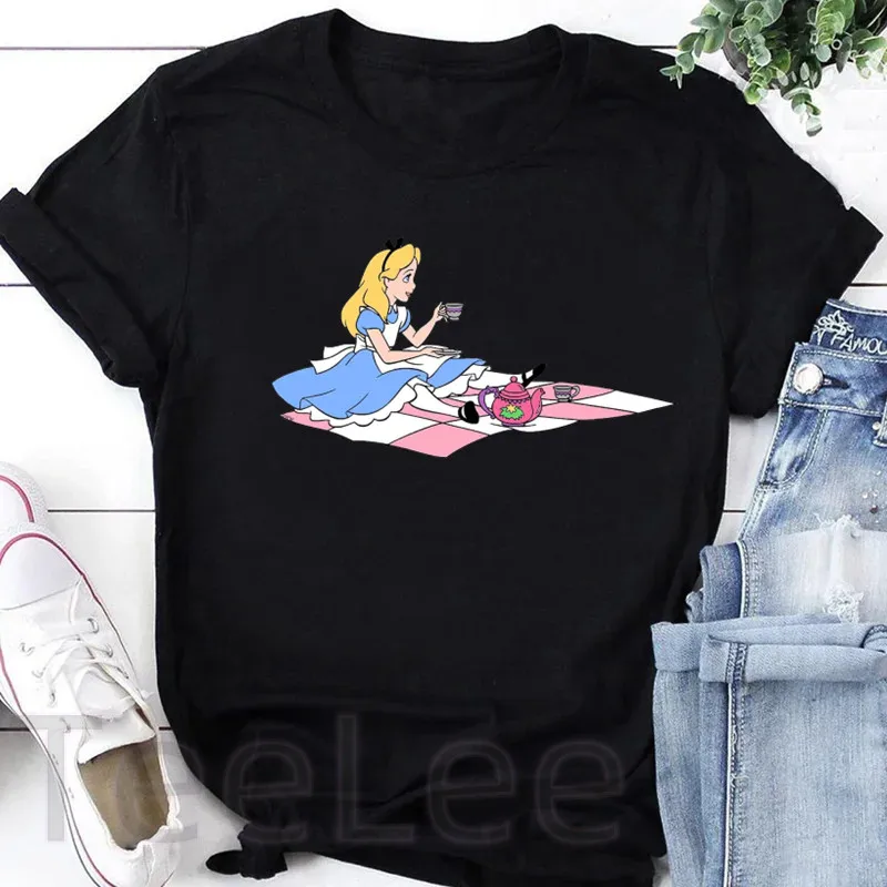 Alice In Wonderland T-shirt Printed Harajuku Black Tshirts O-neck Summer Short Sleeve Tops Woman Cartoon Graphic Tshirts